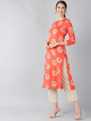 Women Coral Orange Beige Screen Printed Straight Kurta