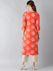 Women Coral Orange Beige Screen Printed Straight Kurta