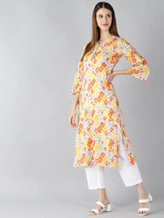 Women Grey Mustard Yellow Screen Floral Printed Straight Kurta