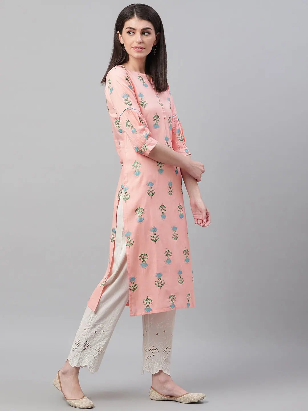 Peach Blue Printed Indian Kurta for Women - Cotton Comfort