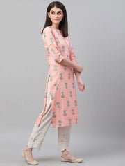 Women Peach Coloured Blue Printed Straight Kurta 1