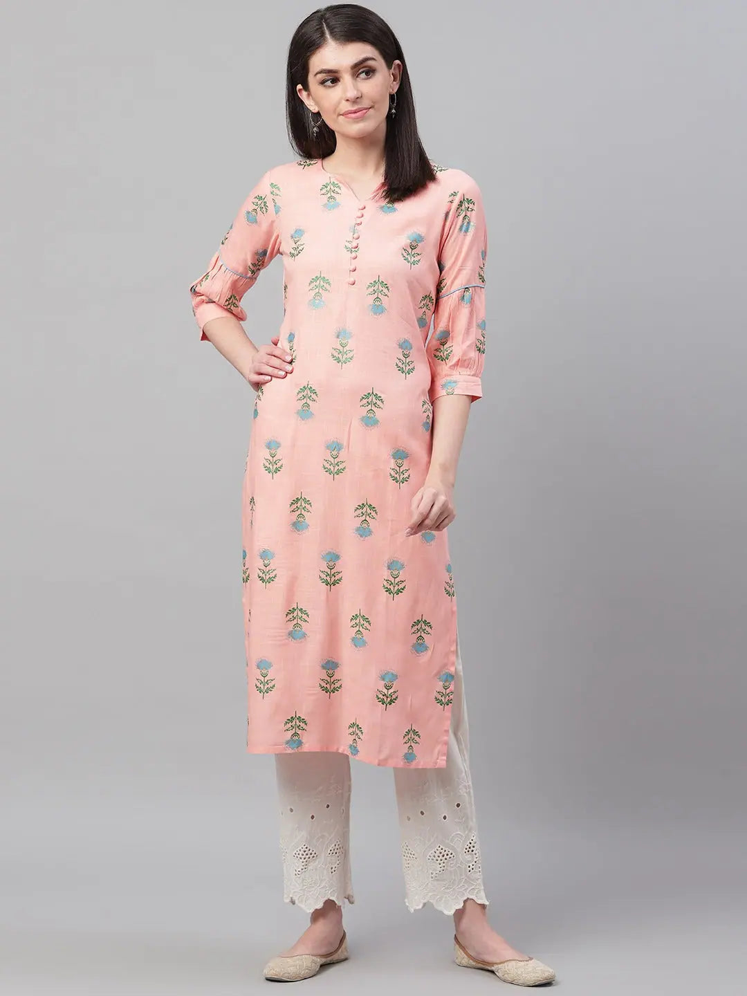 Peach Blue Printed Indian Kurta for Women - Cotton Comfort