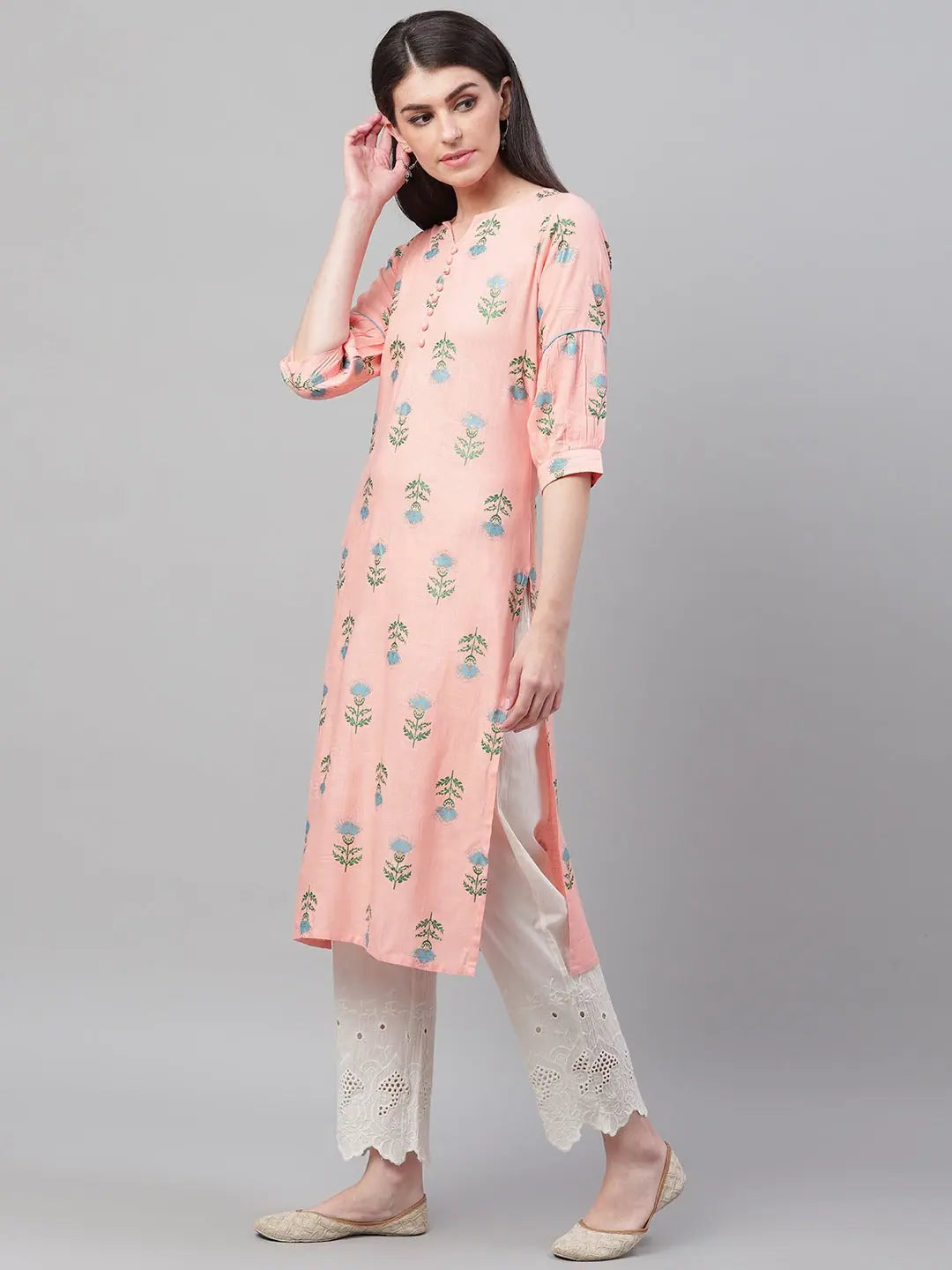 Peach Blue Printed Indian Kurta for Women - Cotton Comfort