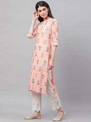 Women Peach Coloured Blue Printed Straight Kurta 1