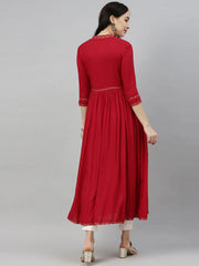 Women Red Solid Mandarin Collar Kurta