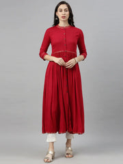 Women Red Solid Mandarin Collar Kurta