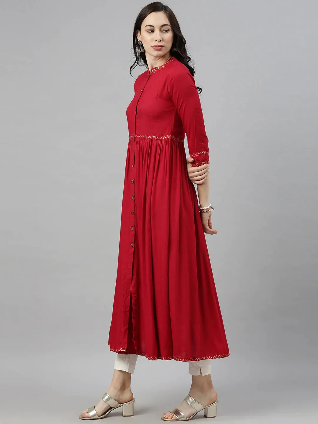 Red Solid Cotton Kurta for Women - Mandarin Collar Indian Kurta