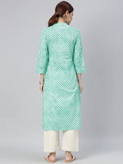 Women Blue White Leheriya Printed Kurta With Tassel Details