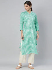 Women Blue White Leheriya Printed Kurta With Tassel Details