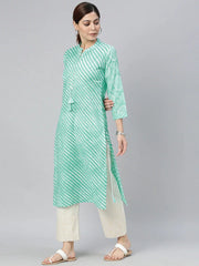 Women Blue White Leheriya Printed Kurta With Tassel Details