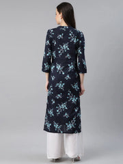 Women Cotton Navy Blue Floral Printed Straight Kurti