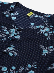 Women Cotton Navy Blue Floral Printed Straight Kurti