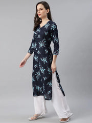 Women Cotton Navy Blue Floral Printed Straight Kurti
