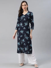 Women Cotton Navy Blue Floral Printed Straight Kurti