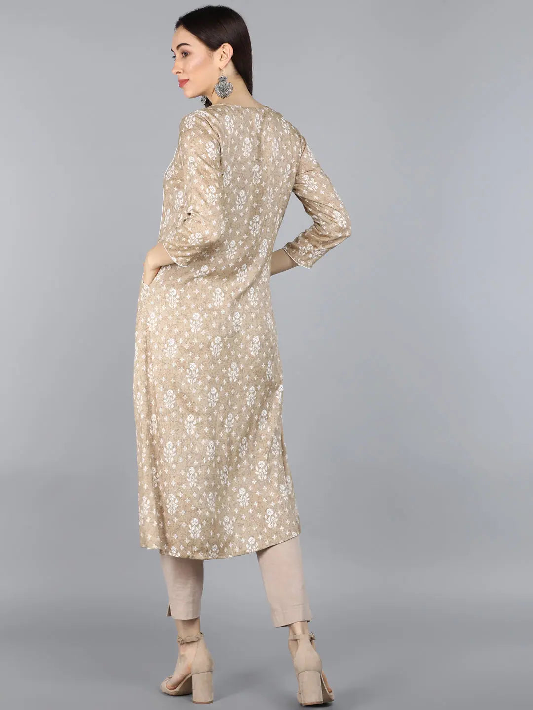Beige Printed Cotton Kurtas | Quirky Indian Kurta for Women
