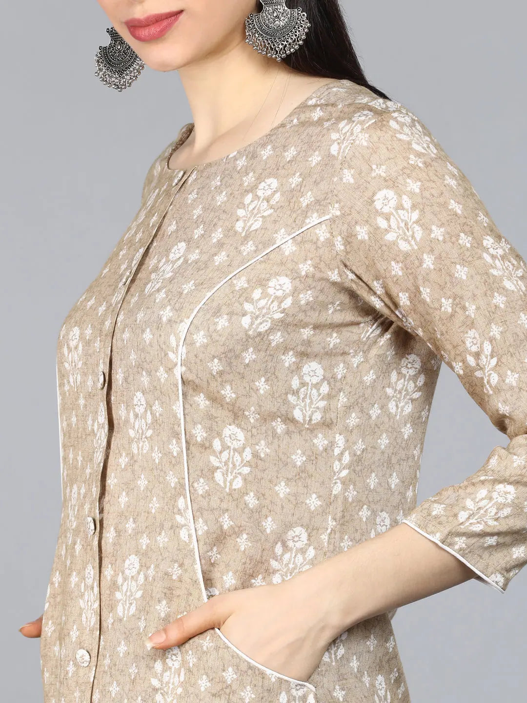 Beige Printed Cotton Kurtas | Quirky Indian Kurta for Women