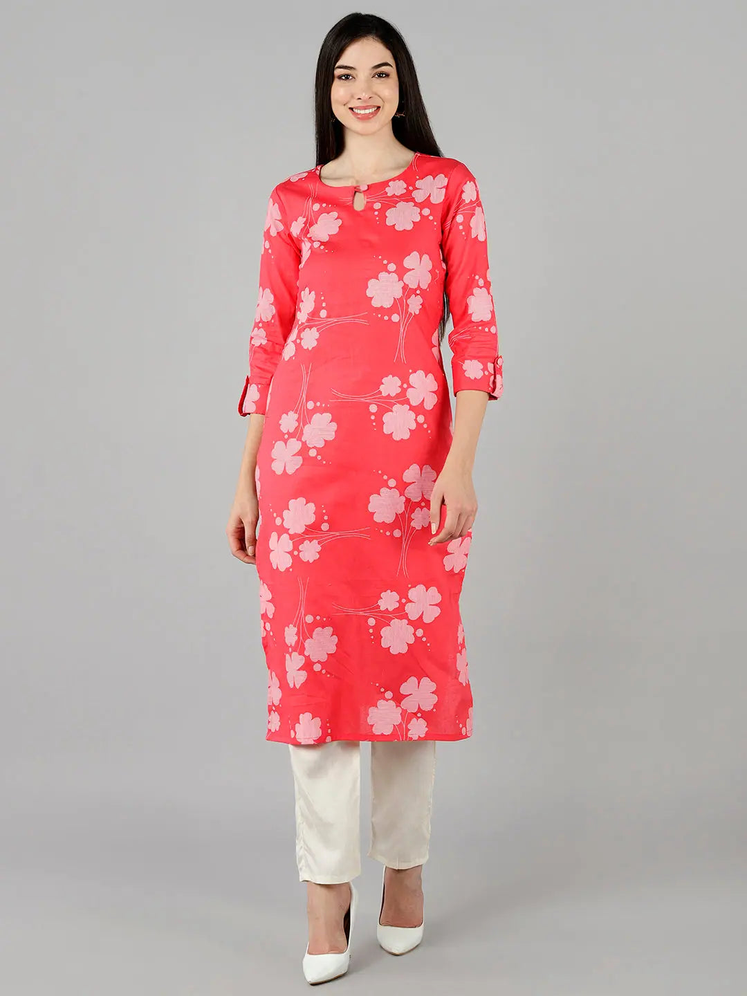 Pink Floral Cotton Kurtas | Indian Kurta for Women - DesiQlo