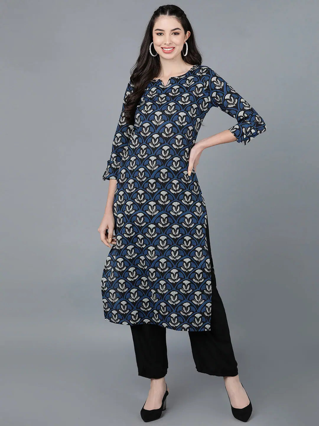 Navy Blue Cotton Indian Kurtas for Women | DesiQlo
