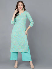 Women Sea Green Cotton Printed Kurta