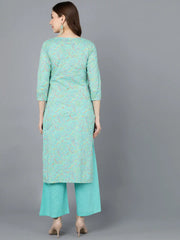 Women Sea Green Cotton Printed Kurta