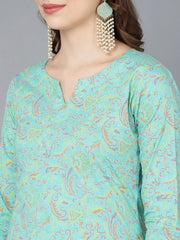 Women Sea Green Cotton Printed Kurta