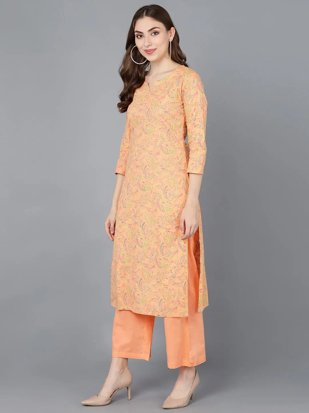 Peach Printed Cotton Kurta - Women's Indian Kurta Collection