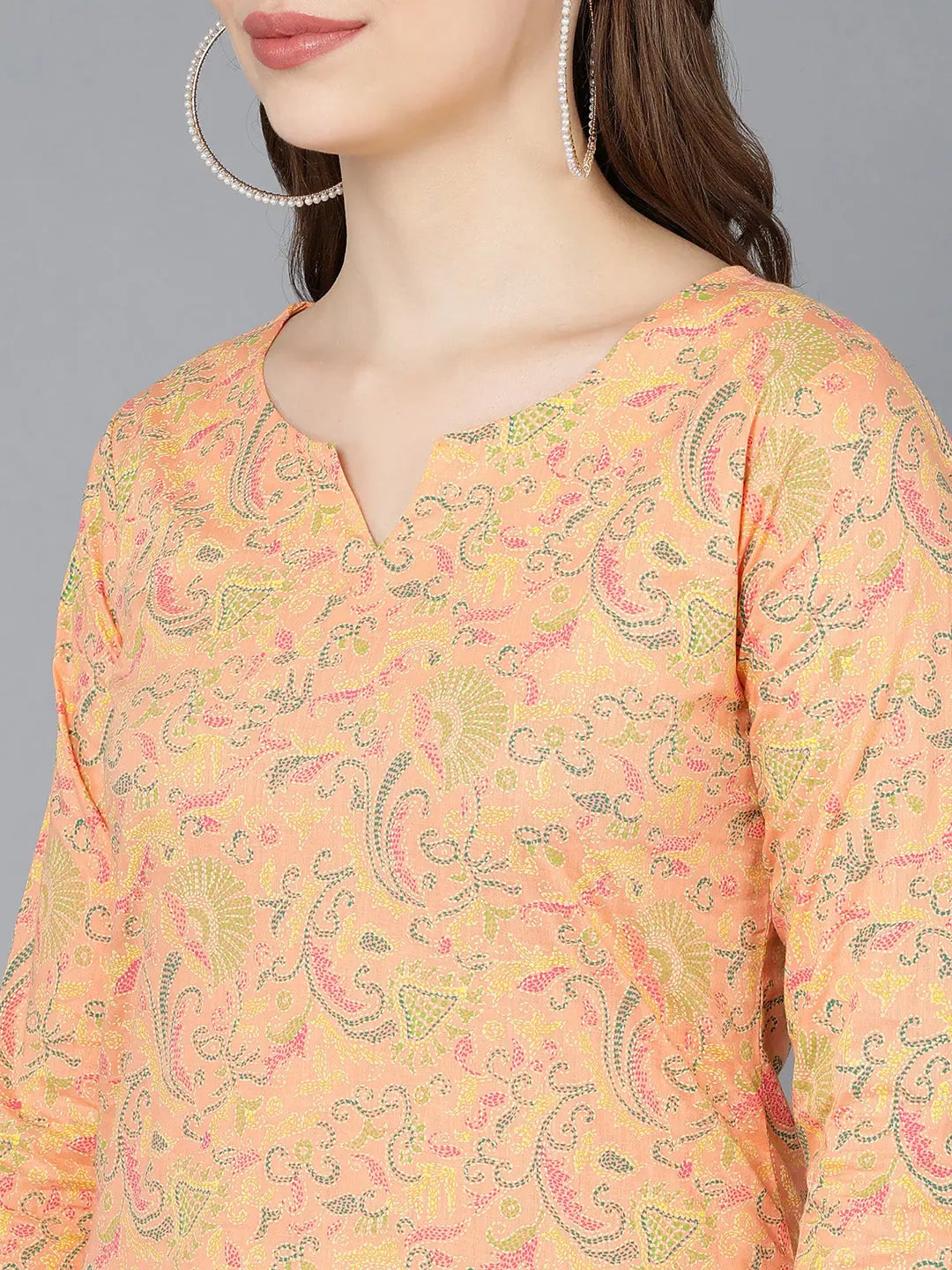 Peach Printed Cotton Kurta - Women's Indian Kurta Collection