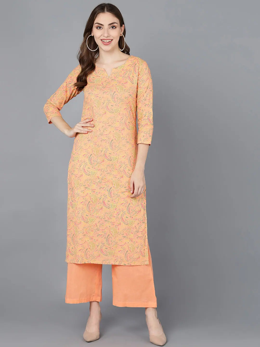 Women Peach Cotton Printed Kurta