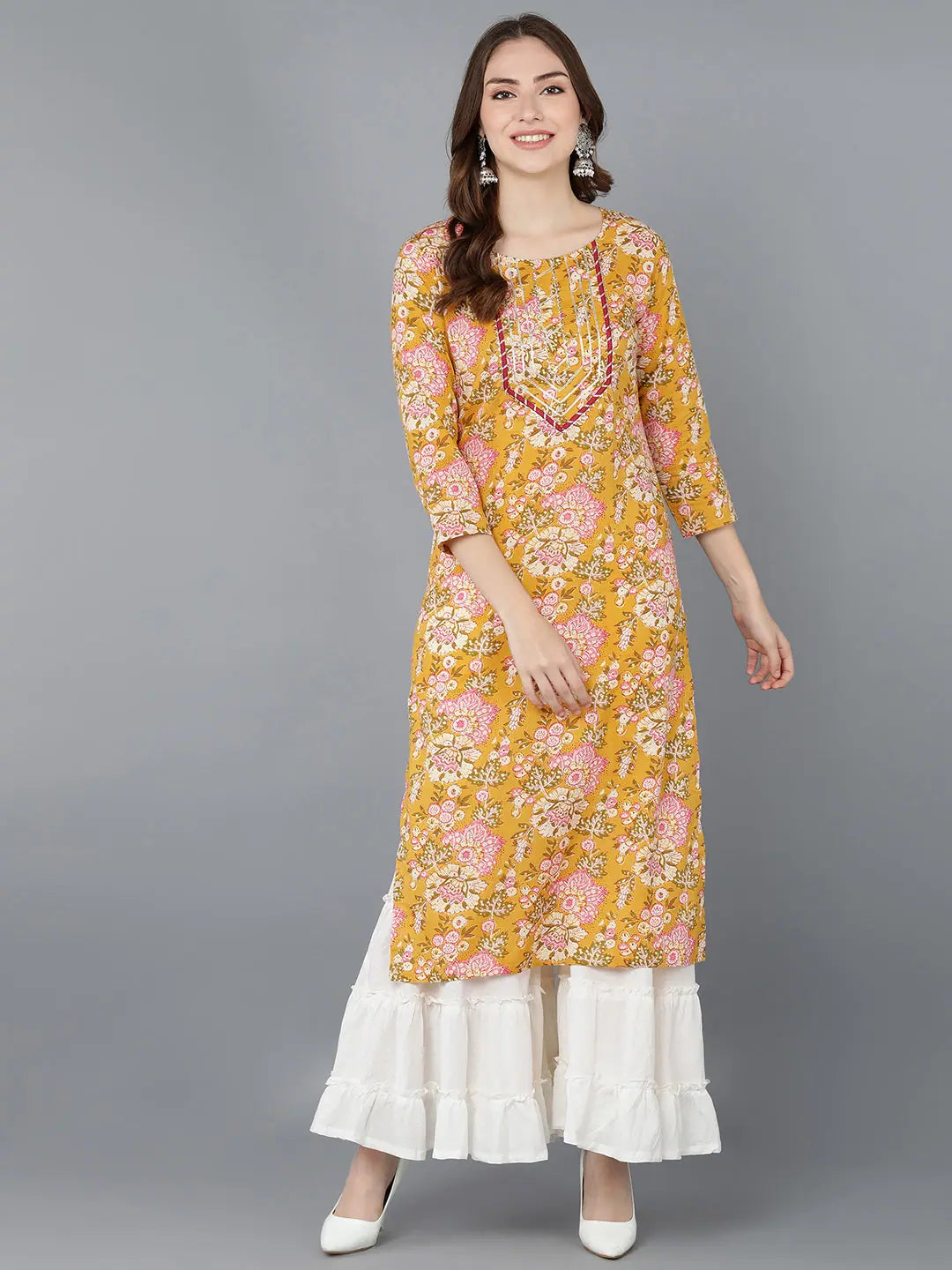 Mustard Floral Print Kurtas - Cotton Indian Kurta For Women