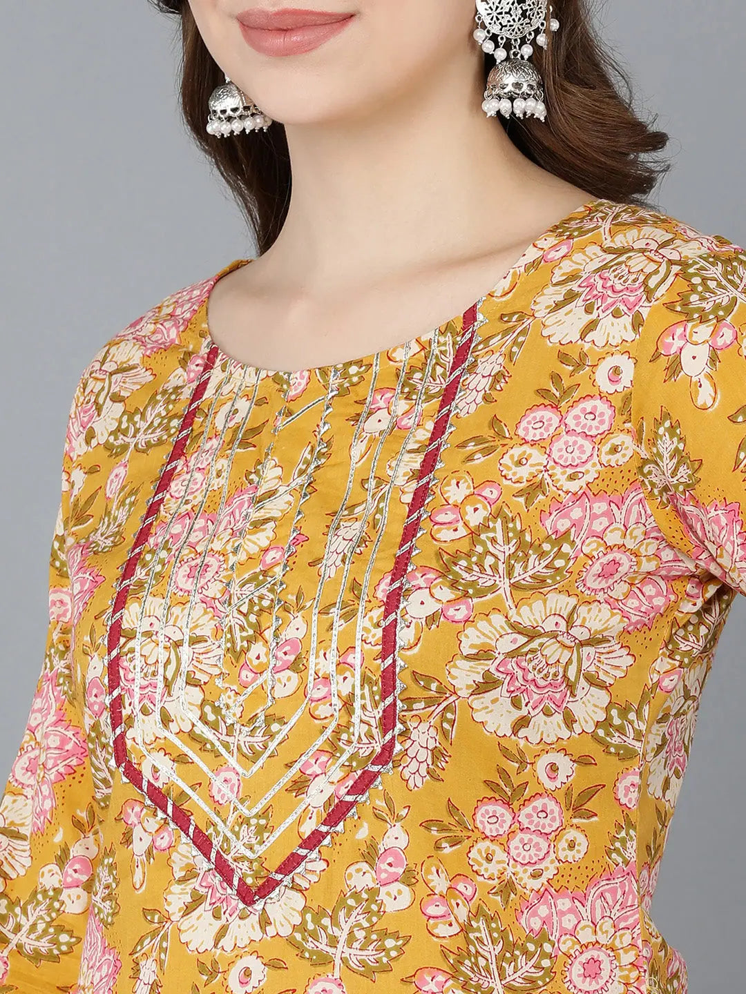 Mustard Floral Print Kurtas - Cotton Indian Kurta For Women