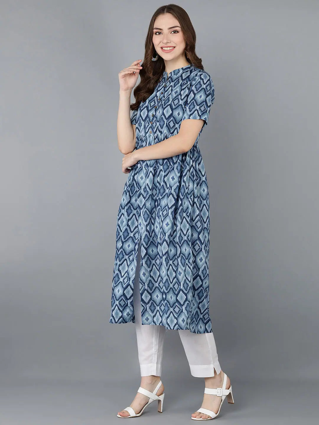 Blue Geometric Print Kurtas - Indian Kurta Ladies Cotton