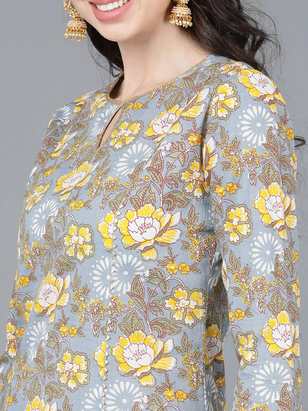 Grey Floral Cotton Kurtas - Stylish Indian Kurtis for Women