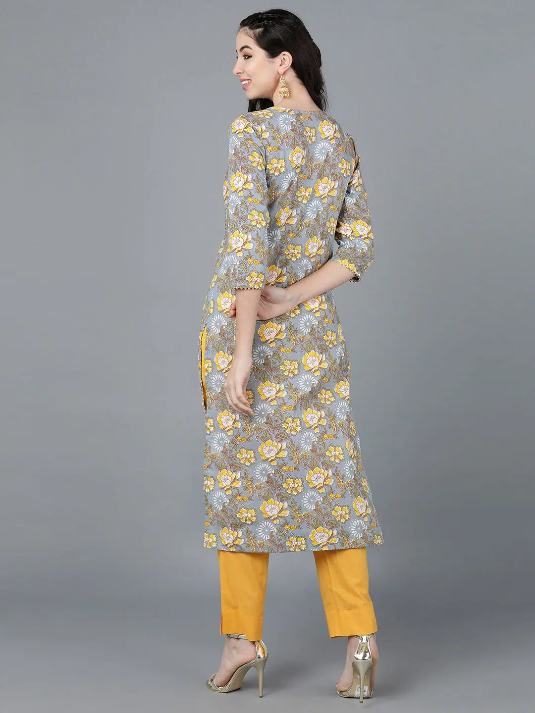 Grey Floral Cotton Kurtas - Stylish Indian Kurtis for Women