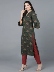 Women Cotton Green Printed Kurtas 1