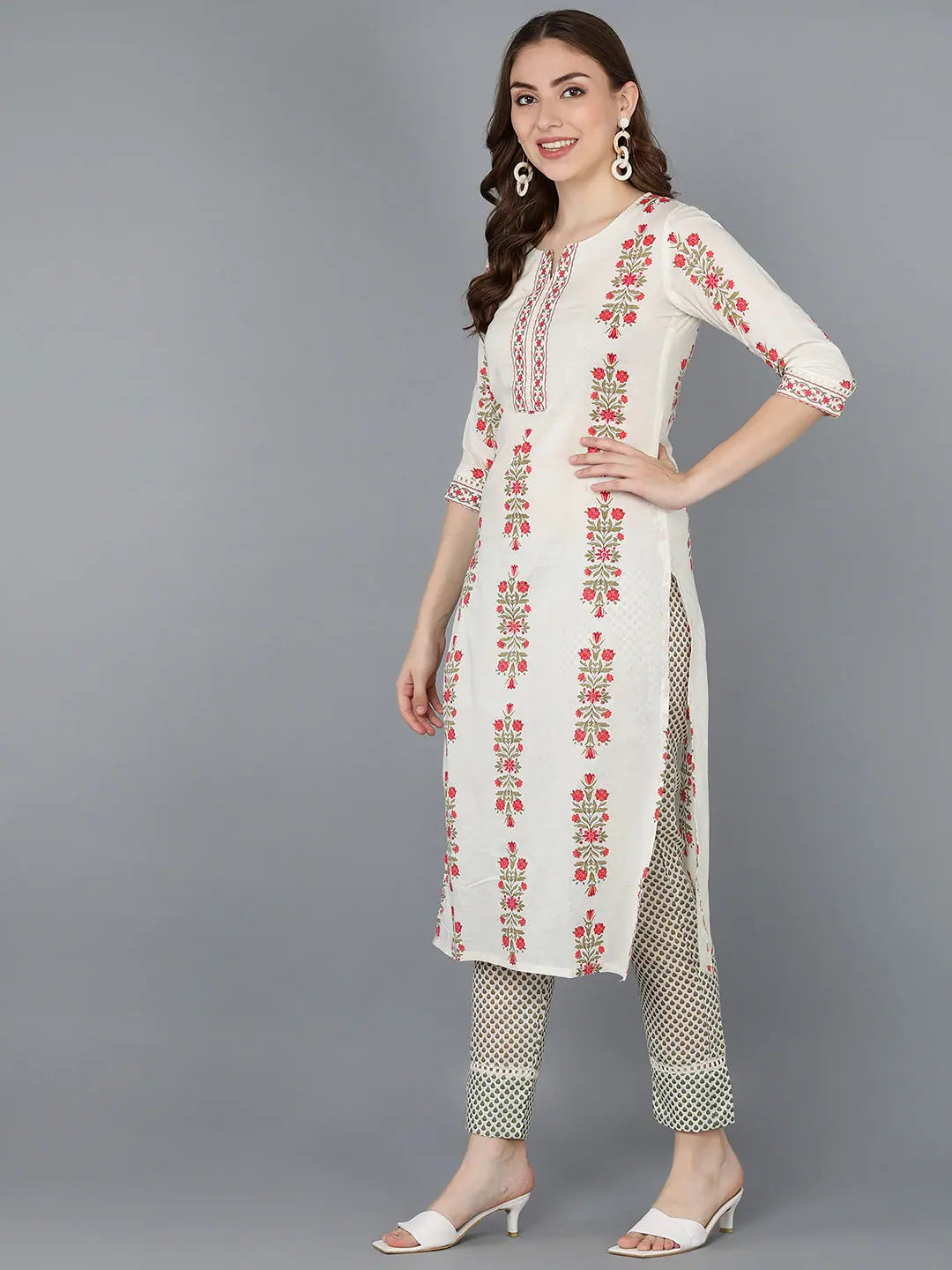 Off White Cotton Ethnic Motifs Indian Kurta for Women - Ahika