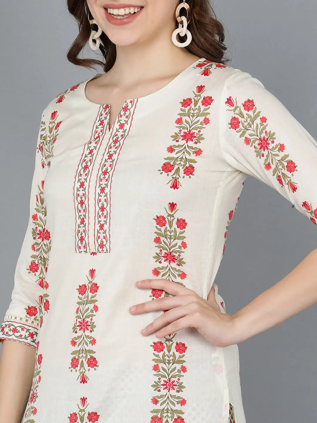 Off White Cotton Ethnic Motifs Indian Kurta for Women - Ahika