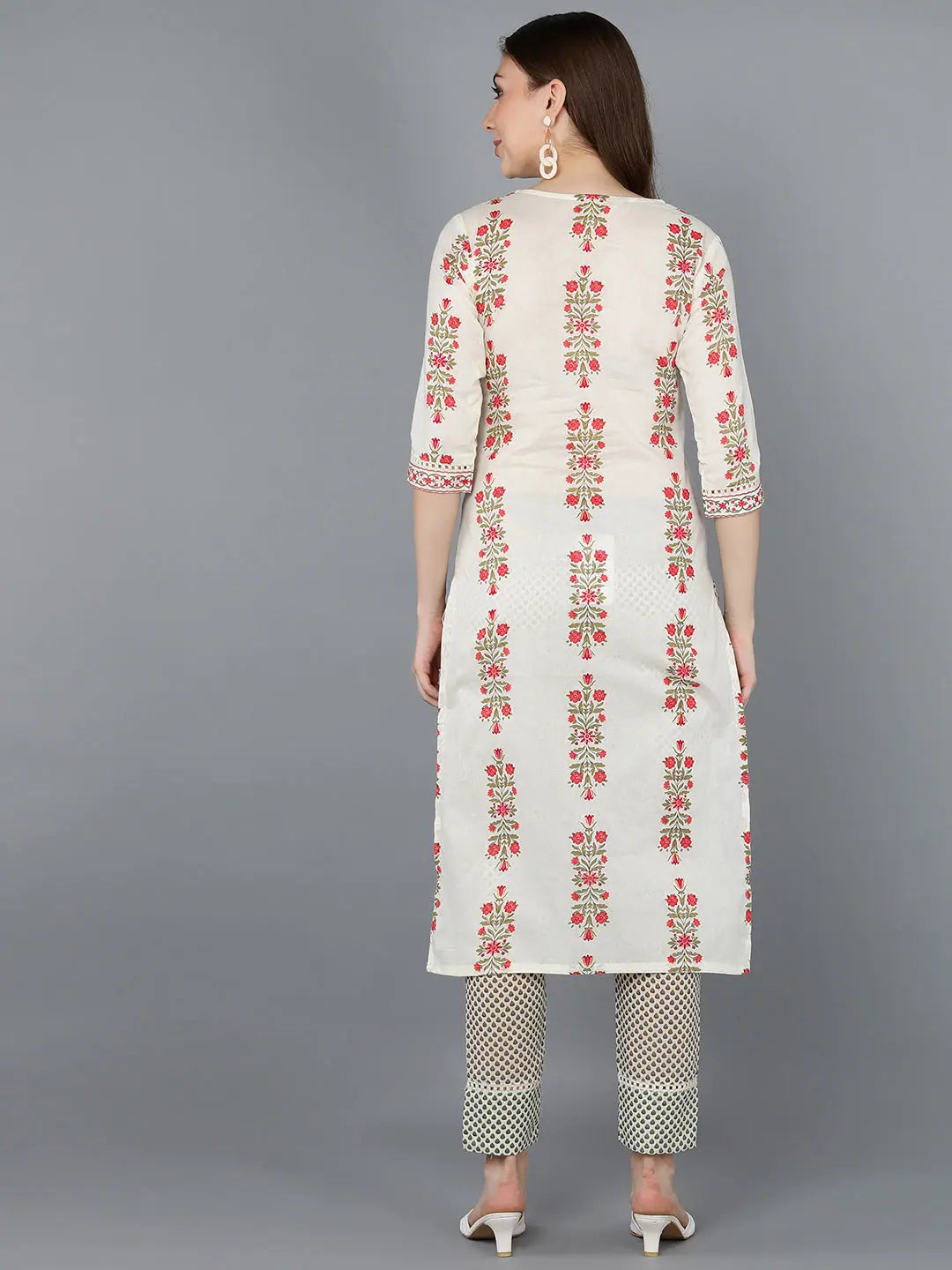 Off White Cotton Ethnic Motifs Indian Kurta for Women - Ahika