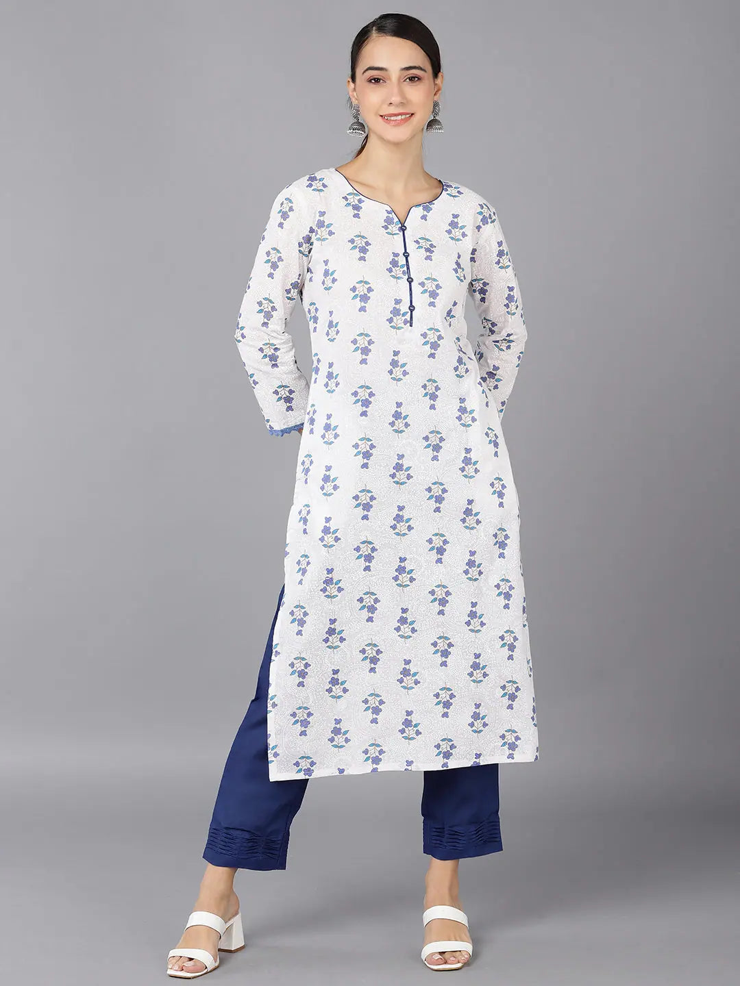 White Cotton Geometric Kurtas - Indian Kurta Ladies Collection