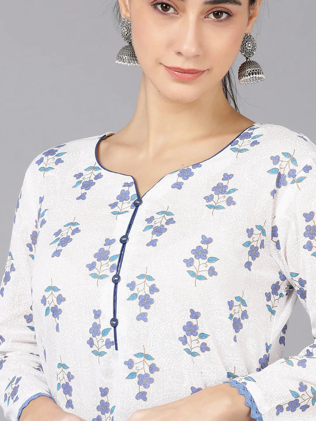 White Cotton Geometric Kurtas - Indian Kurta Ladies Collection