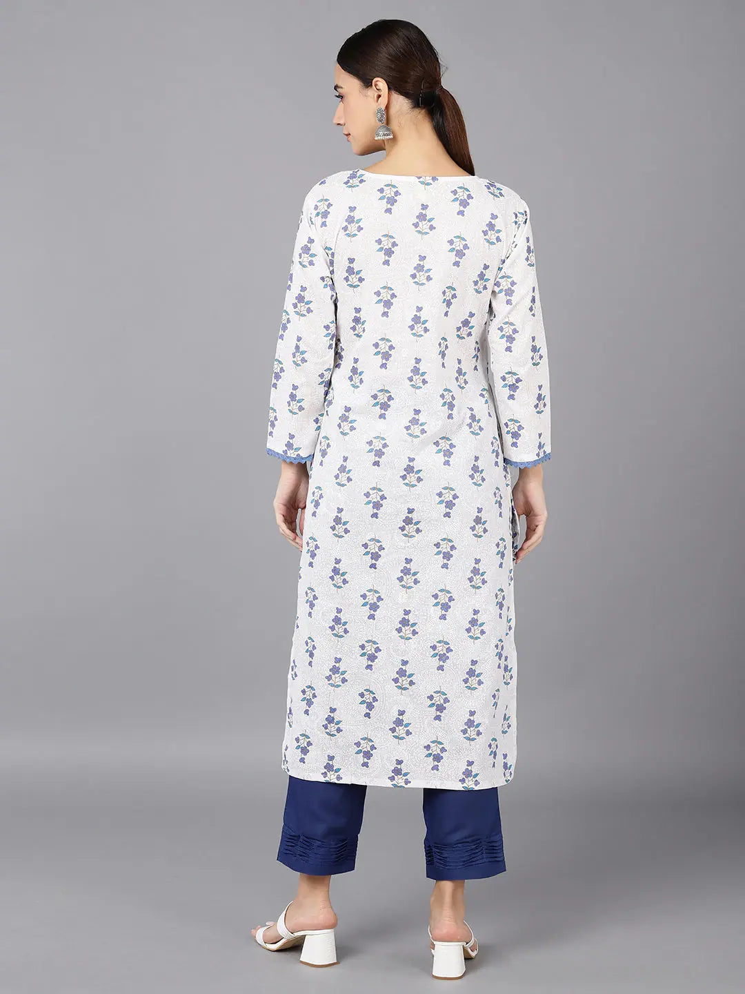 White Cotton Geometric Kurtas - Indian Kurta Ladies Collection