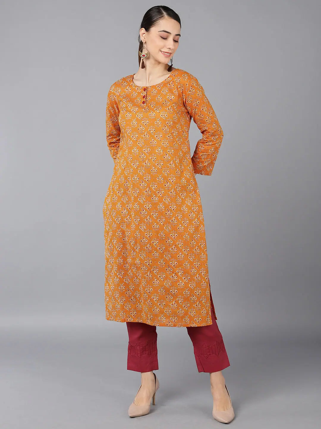 Orange Ethnic Motifs Cotton Indian Kurtas for Women