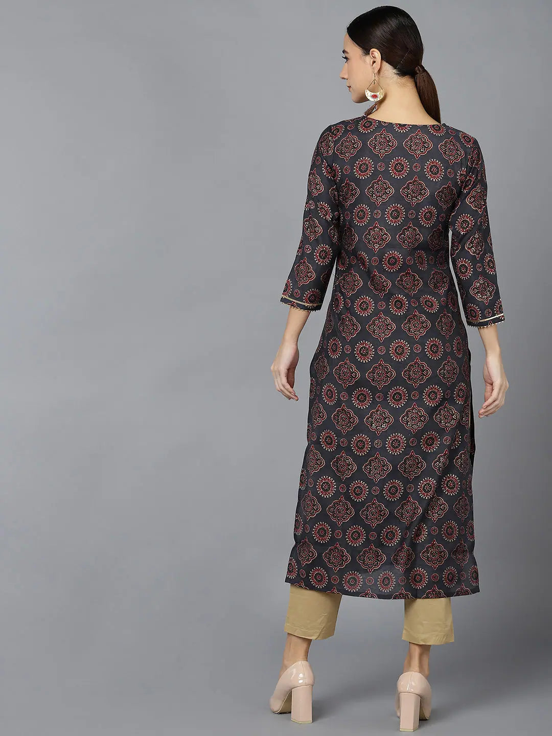 Black Silk Indian Kurta for Women - Ethnic Motifs Kurti