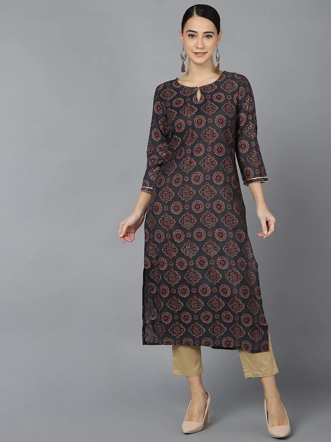 Black Silk Indian Kurta for Women - Ethnic Motifs Kurti