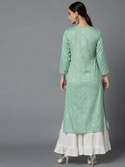 Women Sea Green Cotton Geometric Printed Kurtas 1