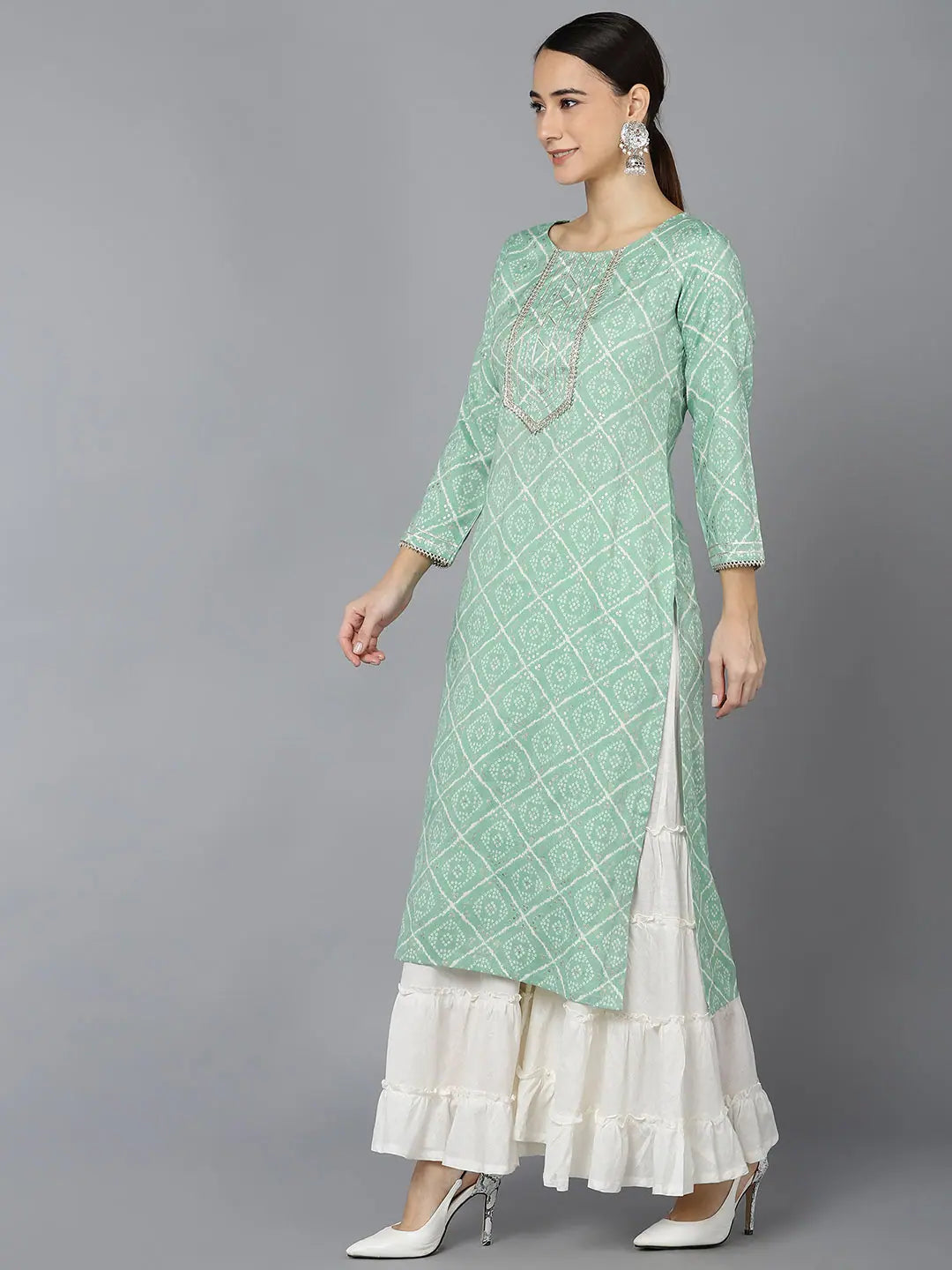 Sea Green Geometric Indian Kurta - Cotton Kurtas for Women