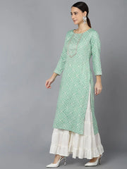 Women Sea Green Cotton Geometric Printed Kurtas 1