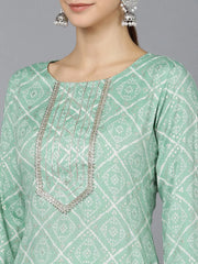 Women Sea Green Cotton Geometric Printed Kurtas 1