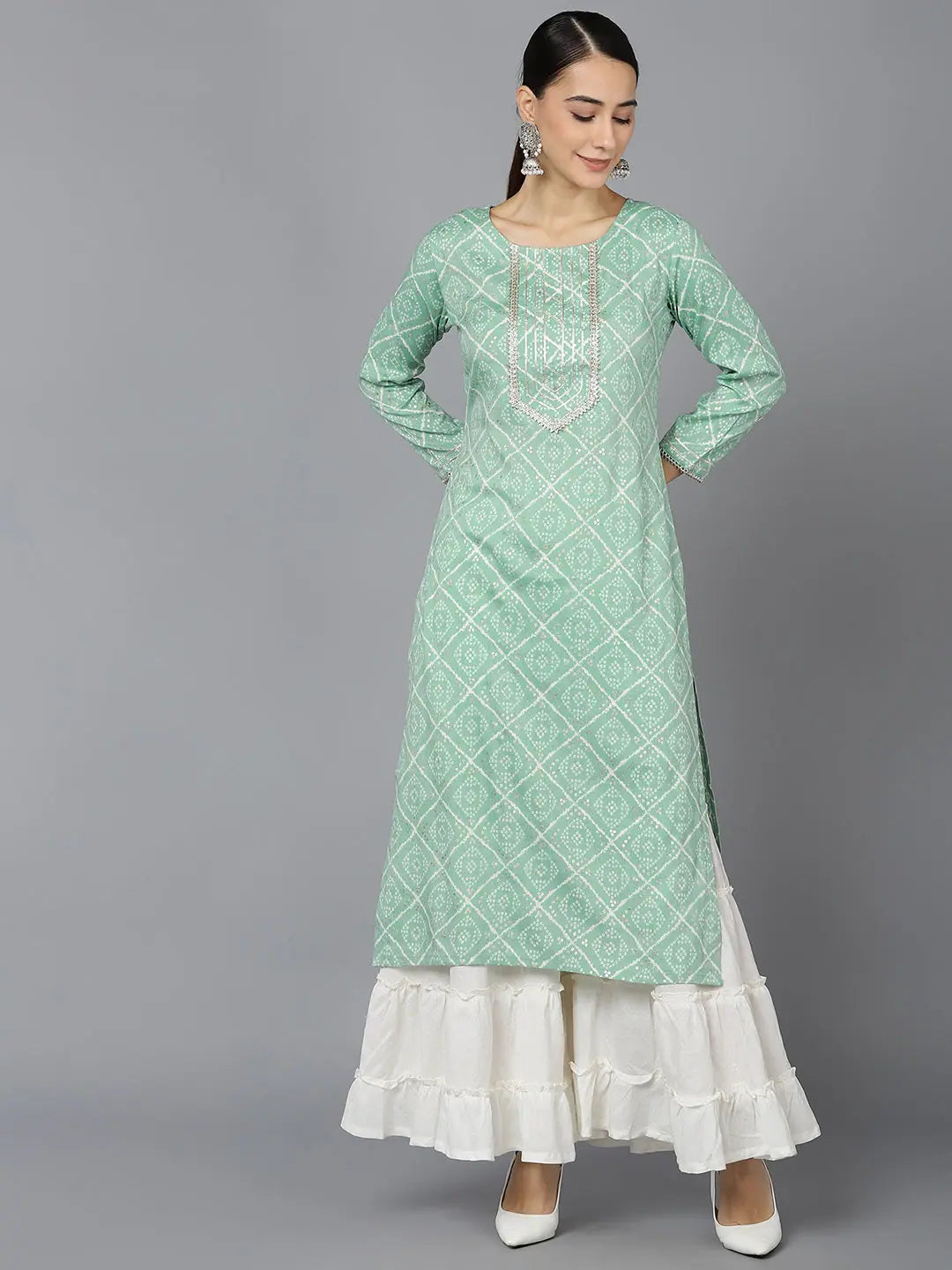 Women Sea Green Cotton Geometric Printed Kurtas 1