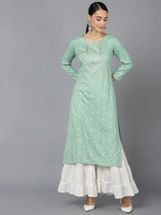Women Sea Green Cotton Geometric Printed Kurtas 1