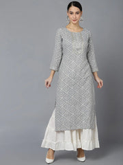Women Grey Cotton Geometric Printed Kurtas 3